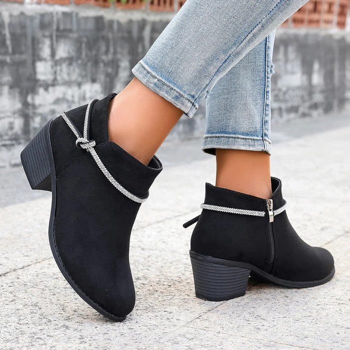Women's Ankle Boots with Chain Detail and Block Heel