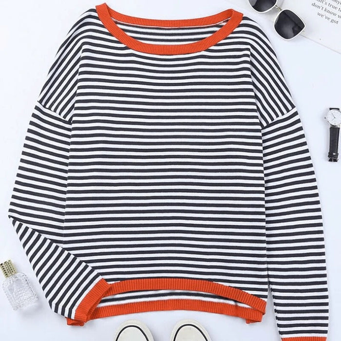 Women's Striped Knit Jumper with Contrast Trim Crew Neck