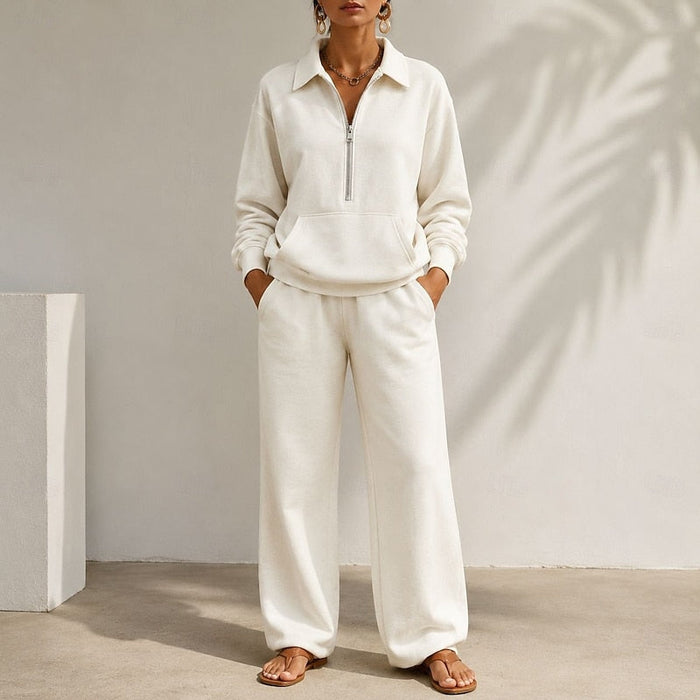 Women's Zip-Collar Loungewear Set with Wide-Leg Trousers