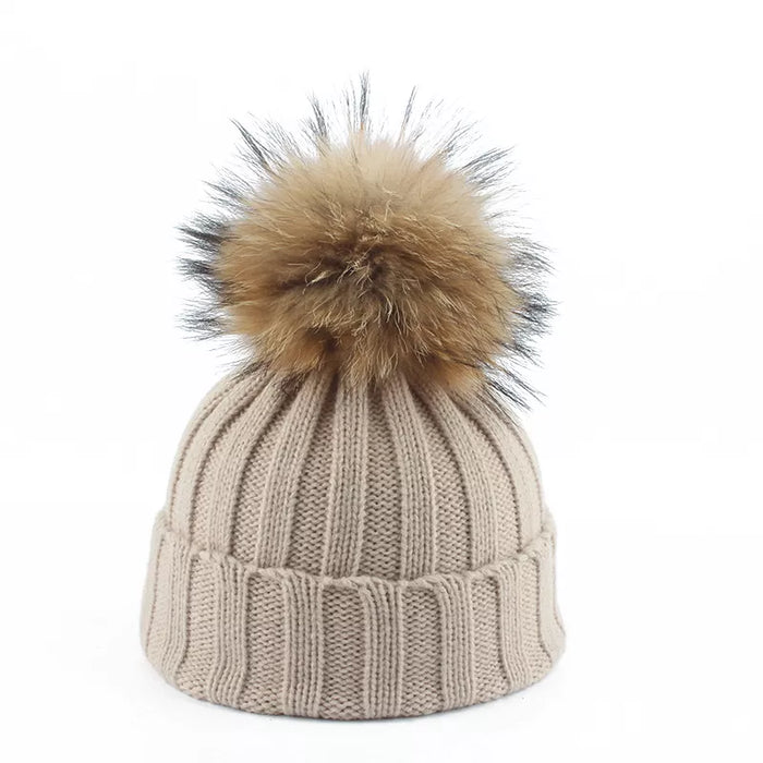 Cable-Knit Beanie with Faux Fur Pom-Pom for Winter