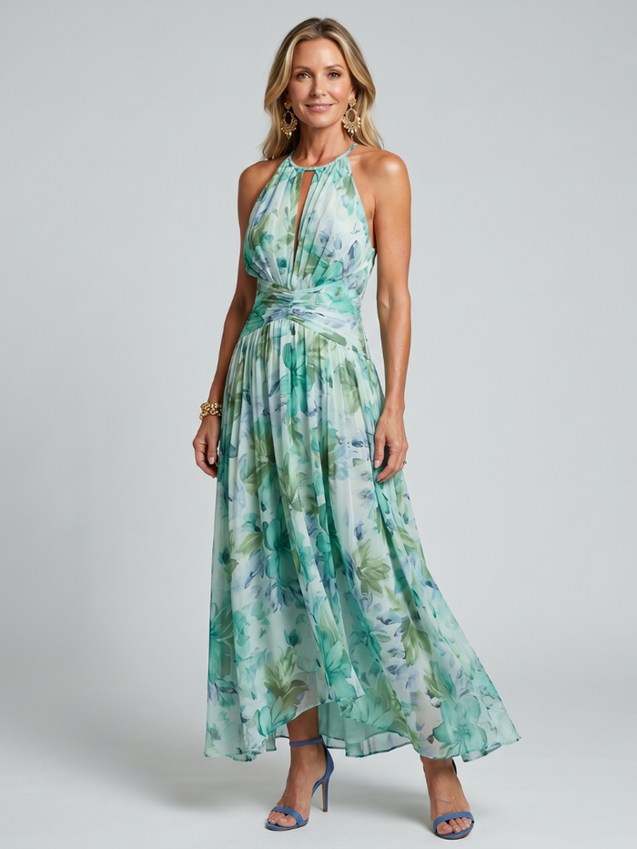 Women's Floral Halter Maxi Dress Pleated Keyhole Neckline