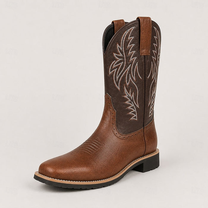 Western Cowboy Boots with Embroidered Shaft Square Toe