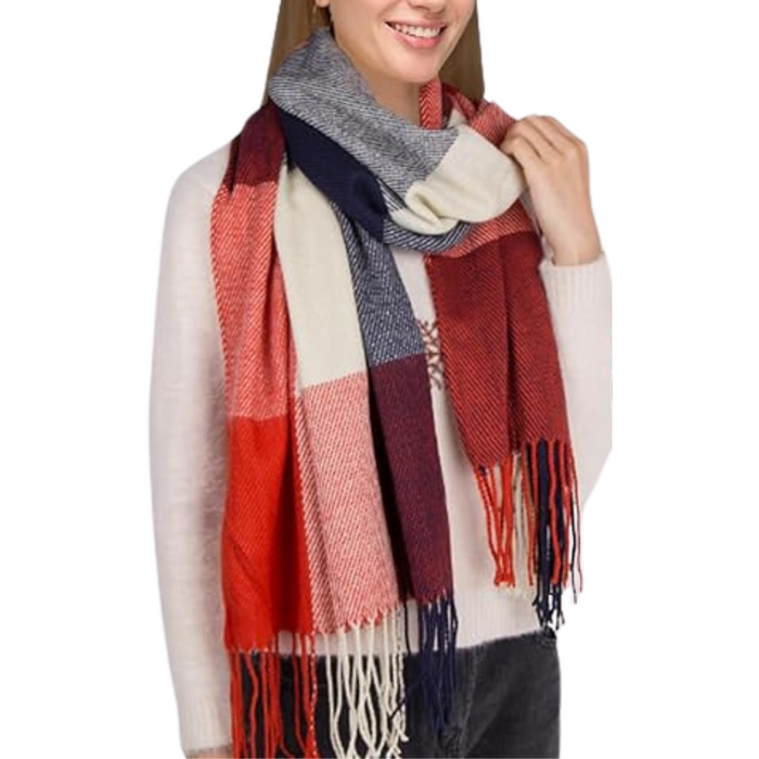 Oversized Checked Scarf with Fringe Tassels for Winter