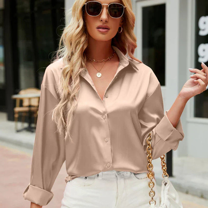 Women's Satin Button-Front Shirt with Roll-Tab Sleeves