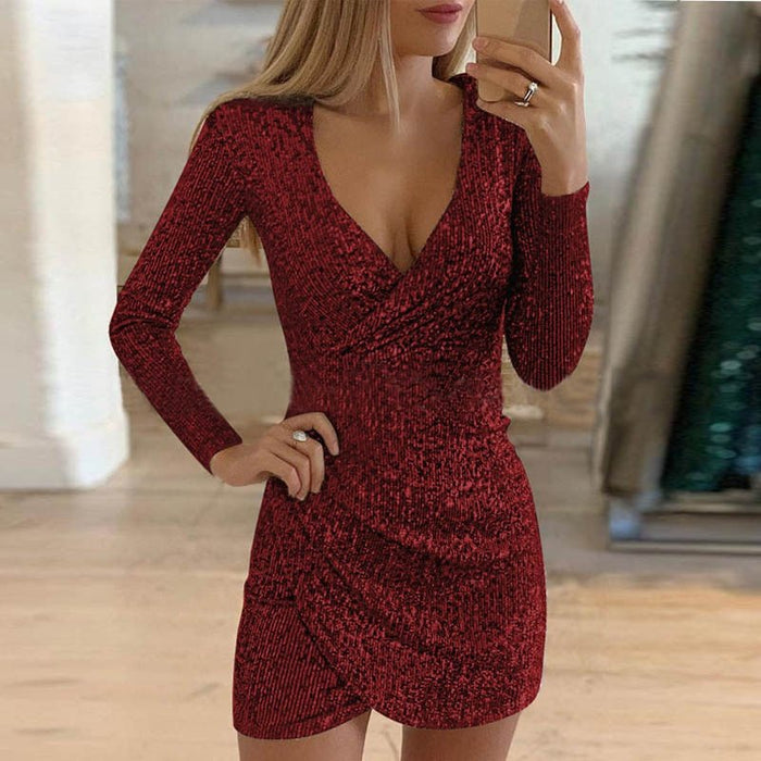 Women's Sequin Wrap Mini Dress V-Neck Long Sleeve