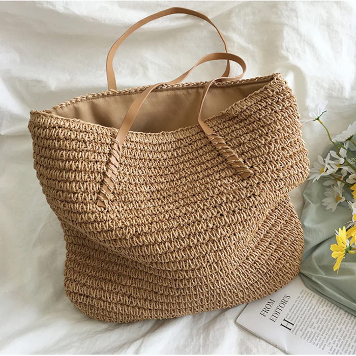 Women's Woven Straw Tote Bag with Shoulder Strap