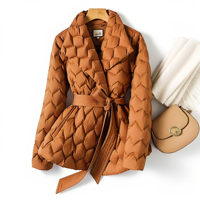 Women's Quilted Belted Jacket with Notch Collar