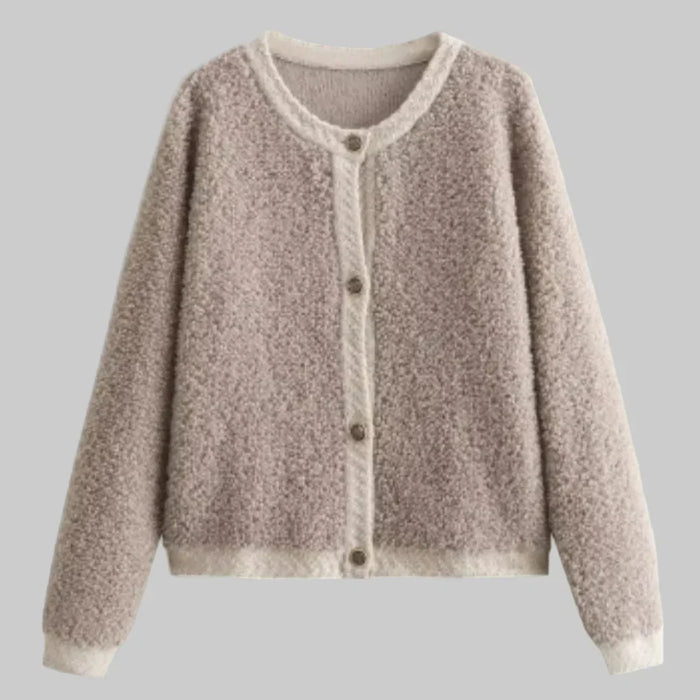 Women's Teddy Button Cardigan with Round Neck for Layering