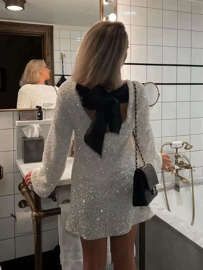 Women's Sequin Mini Dress with Bow Back Detail