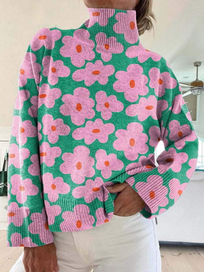 Women's Floral Turtleneck Ribbed Jumper Long Sleeve