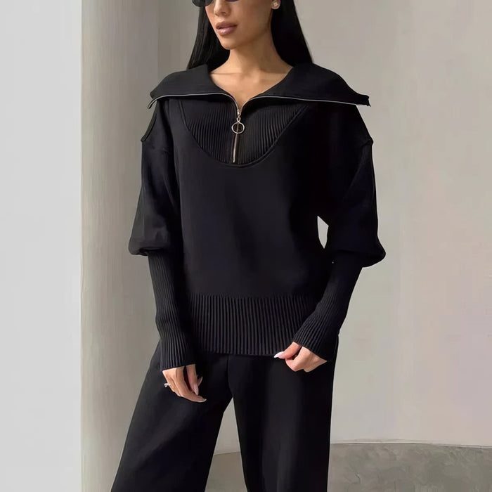 Women's Relaxed Two-Piece Lounge Set with Ribbed Knit Trim
