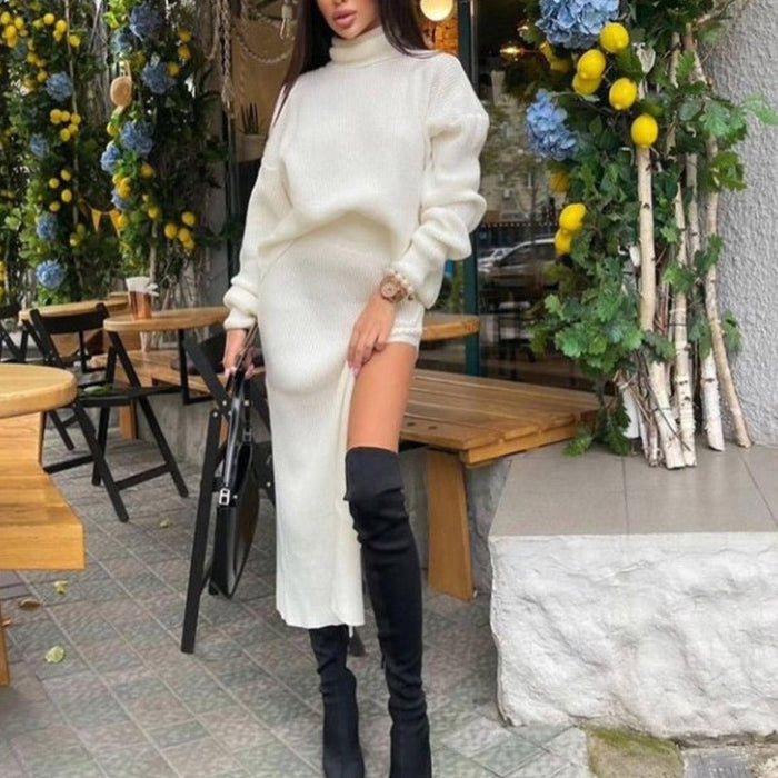 Women's Turtleneck Knit Set with Midi Skirt and High Slit